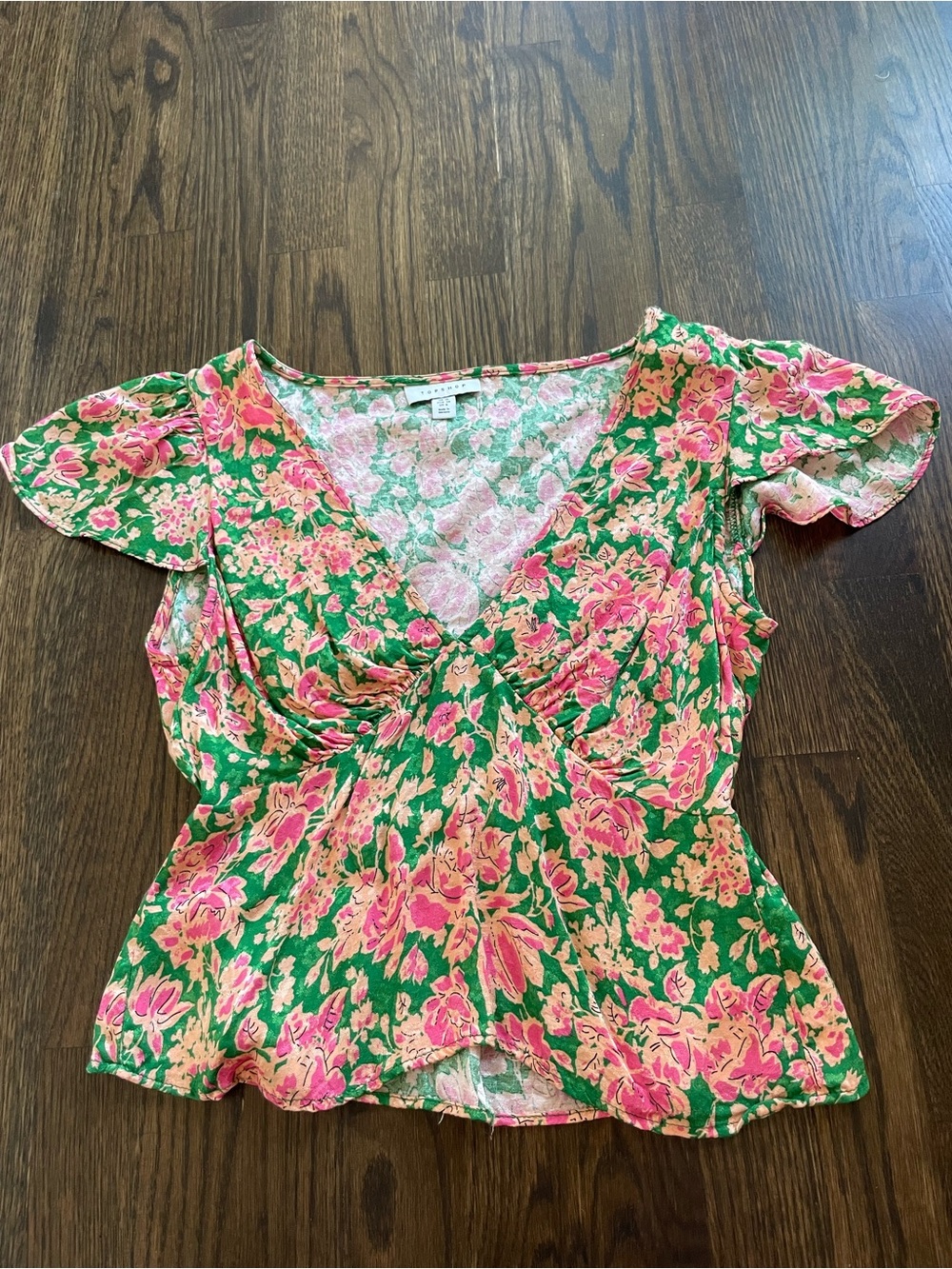 Topshop Pink and Green Floral V-Neck Flutter Sleeve Blouse
